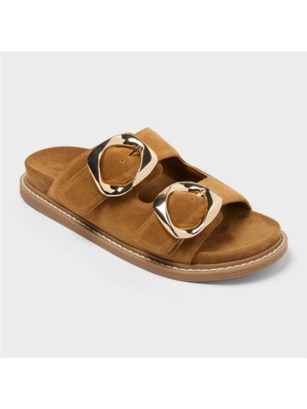 Women’s Suede Double-Buckle Slide Sandal i. Brown. 7.5